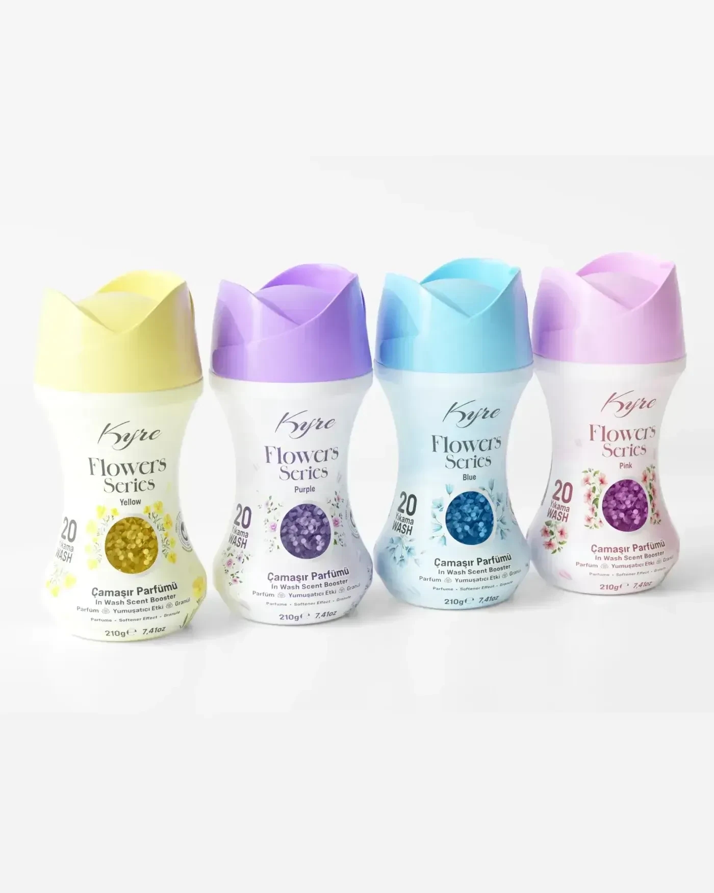 Kyre Flowers Series çamaşır parfümü ambalaj tasarımı — dört kokuluk seri