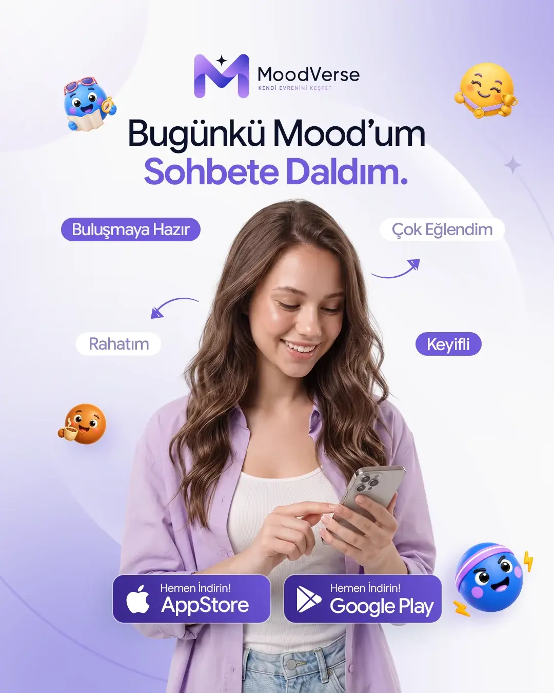MoodVerse sohbet moodunu, karakter ikonlarını ve telefon kullanan bir kişiyi gösteren sosyal medya postu