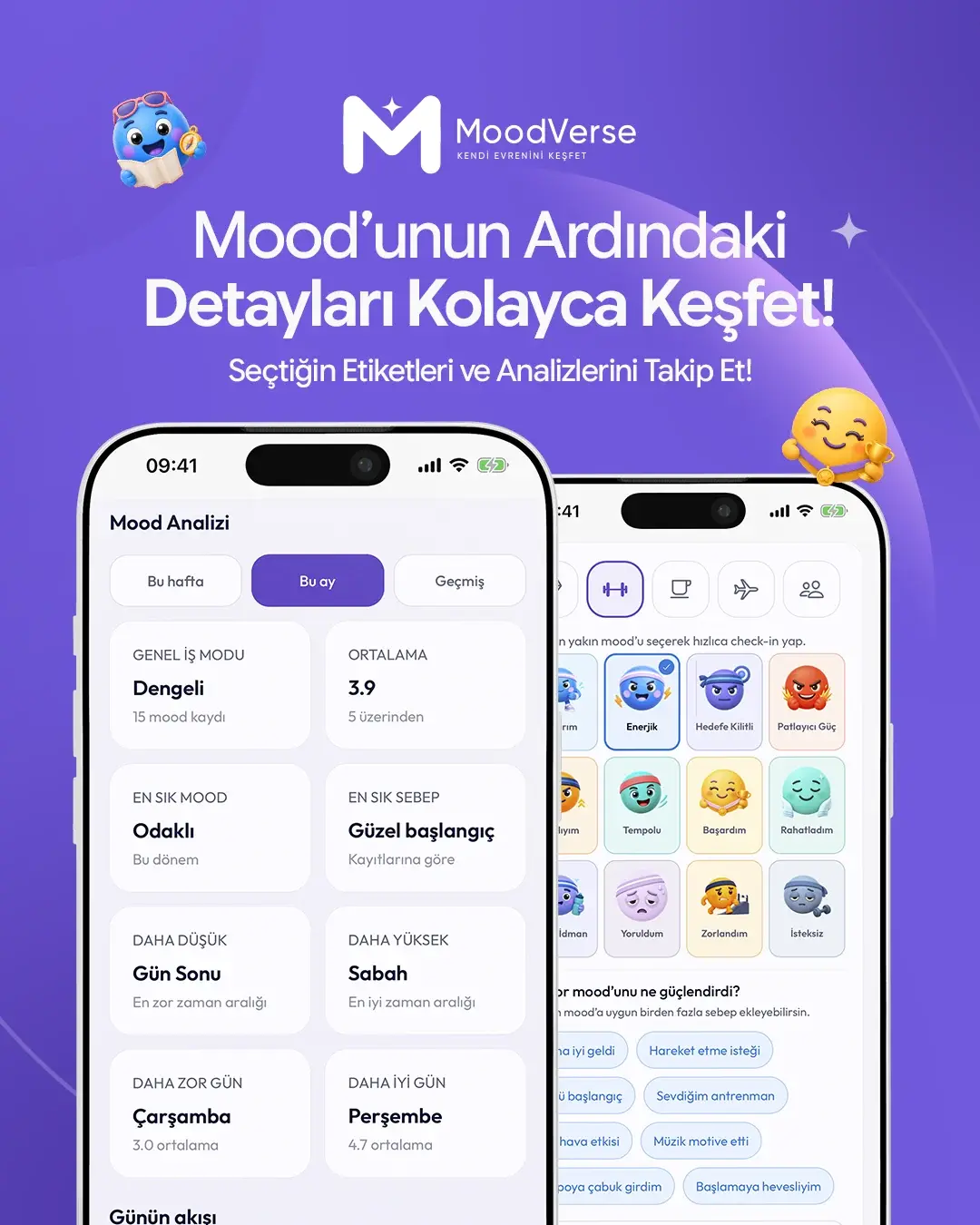 MoodVerse duygu analizi ve kişisel içgörü ekranlarını tanıtan mor sosyal medya postu