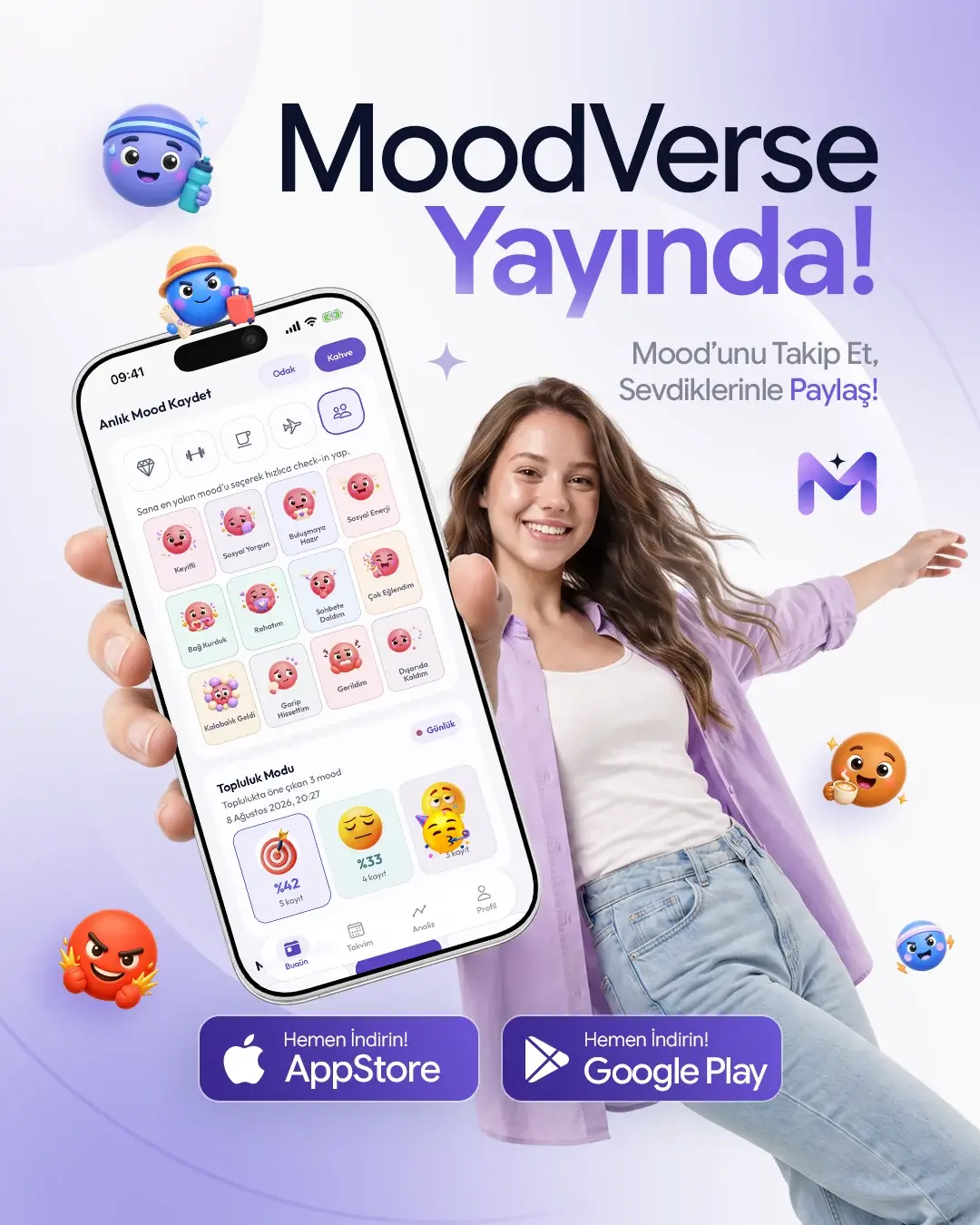 MoodVerse uygulamasının yayına çıktığını duyuran, mobil ekran ve karakterleri gösteren sosyal medya postu
