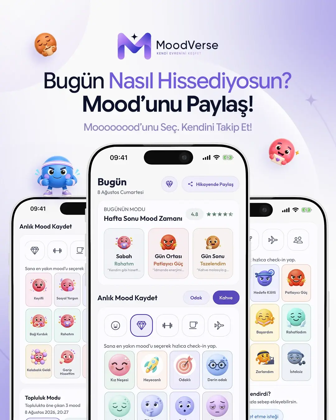 MoodVerse duygu paylaşımı akışını ve uygulama ekranlarını gösteren sosyal medya tasarımı