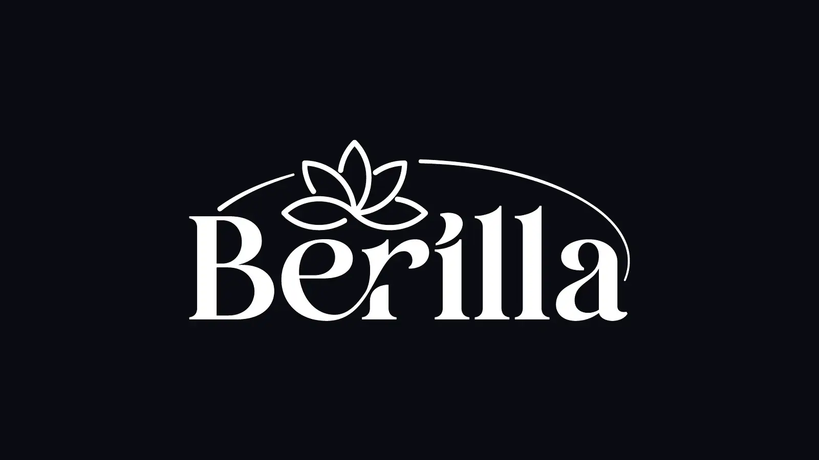 Berilla logo tasarımı: koyu zeminde beyaz serif Berilla yazısı, çizgisel lotus çiçeği ve ince yay