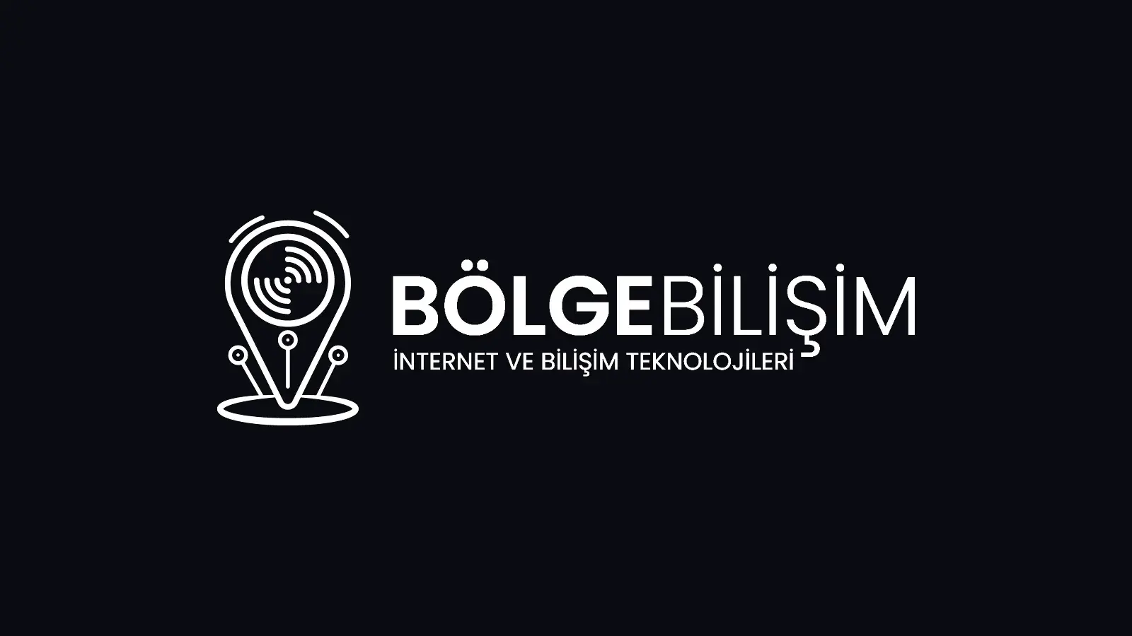 Bölge Bilişim logo tasarımı: koyu zeminde beyaz, sinyal halkalı konum iğnesi amblemi ve BÖLGE BİLİŞİM yazısı