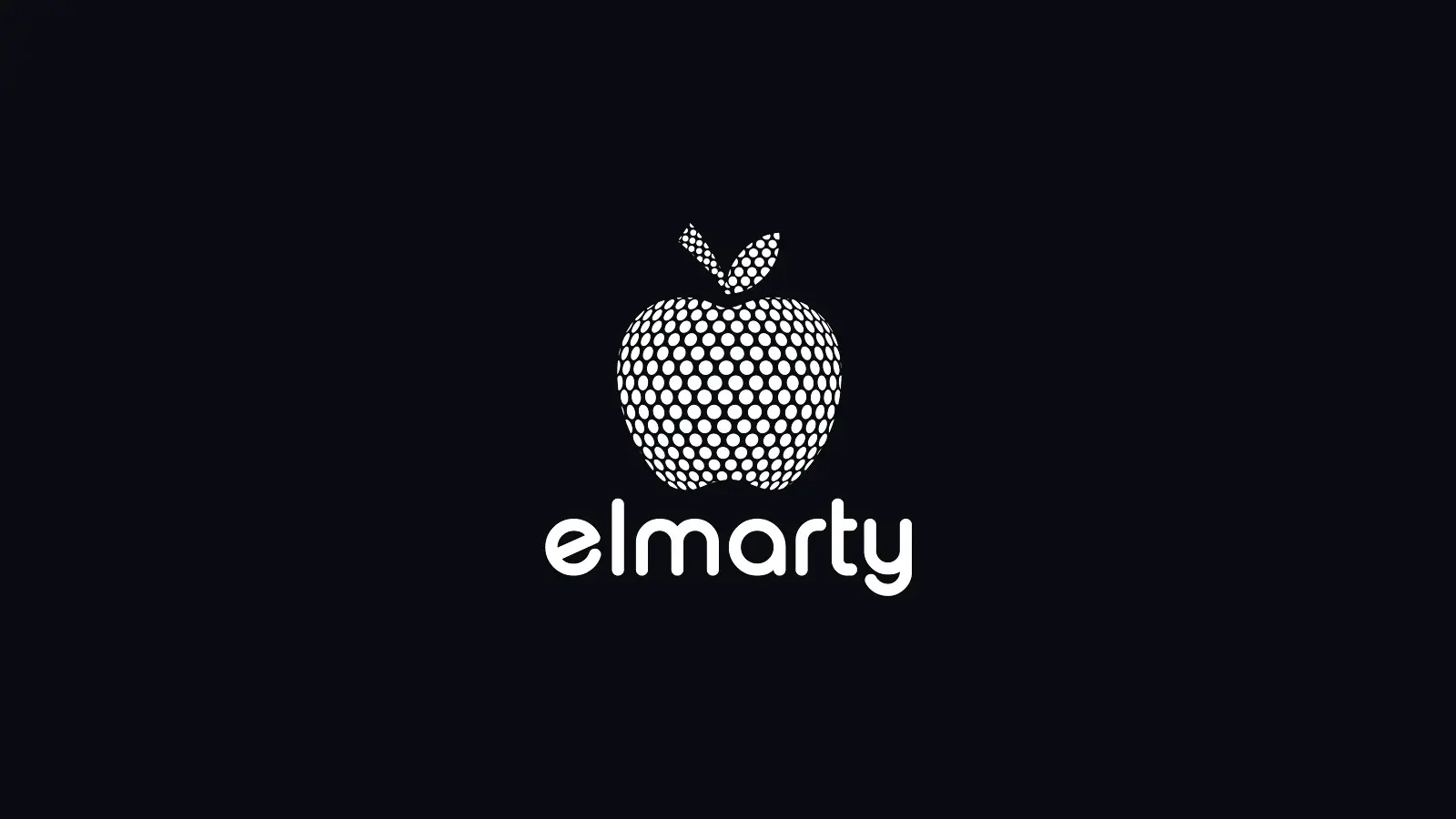 Elmarty logo tasarımı: koyu zeminde beyaz, noktalardan oluşan elma amblemi ve elmarty yazısı