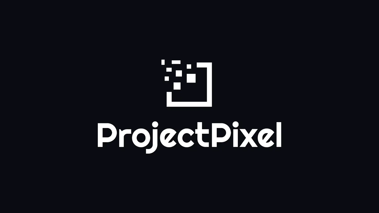 ProjectPixel logo tasarımı: koyu zeminde beyaz, piksel kareleri dağılan kare amblem ve ProjectPixel wordmark’ı