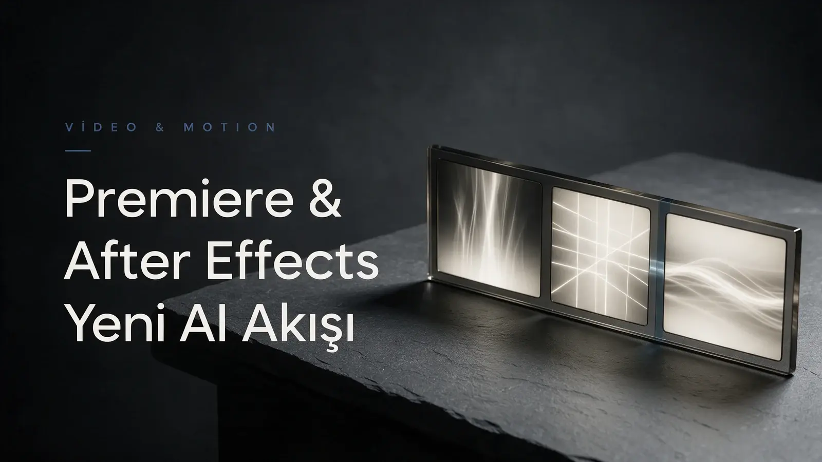 Koyu zemin üzerinde üç ışıklı film karesi ve Premiere, After Effects, Yeni AI Akışı başlığı