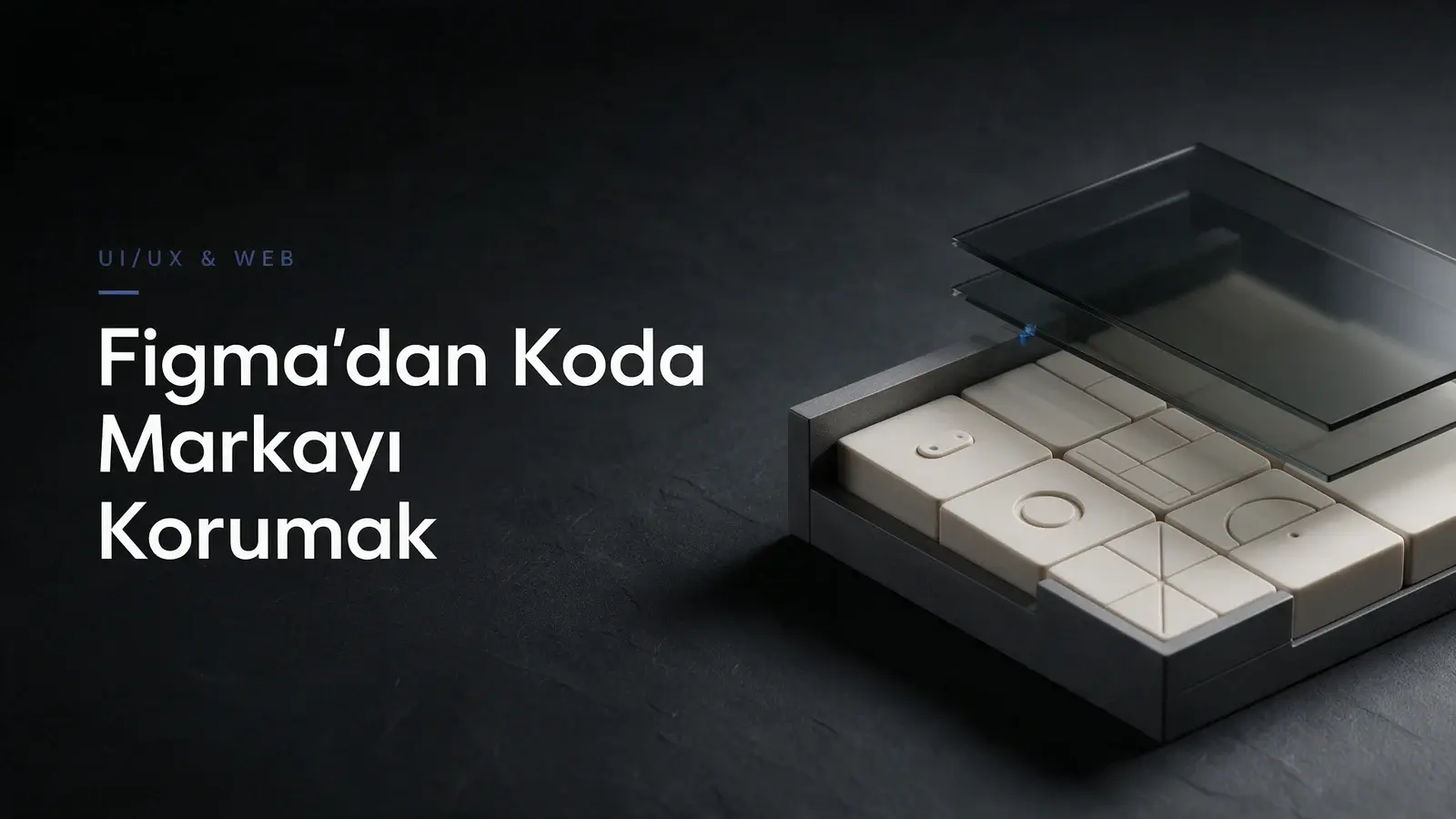 Grafit çerçeve içinde fildişi arayüz modülleri ve Figma’dan Koda Markayı Korumak başlığı