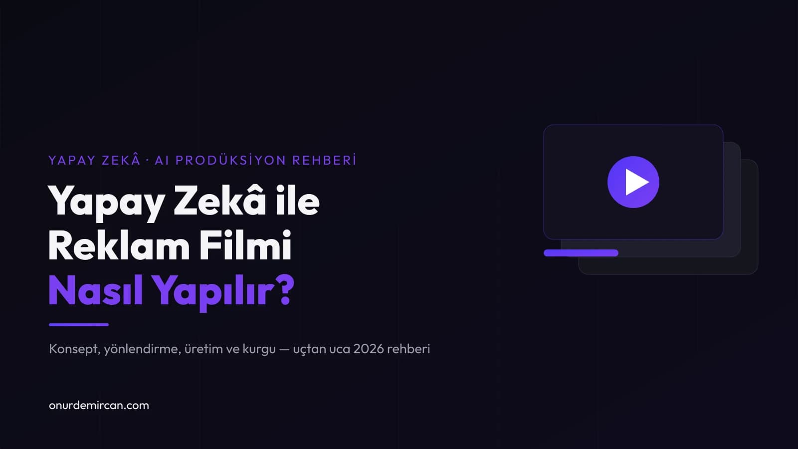 Yapay zekâ ile reklam filmi nasıl yapılır başlıklı yazının kapağı; koyu zeminde mor vurgulu başlık ve bir video oynatma simgesi