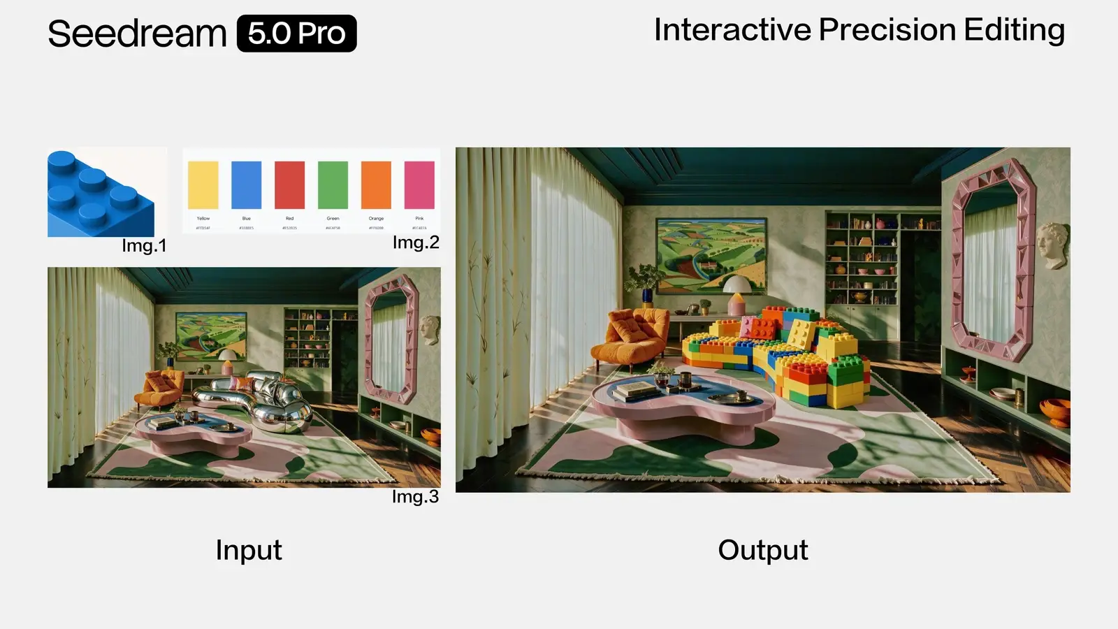 Seedream 5.0 Pro’nun resmi Interactive Precision Editing örneğinde renk ve malzeme referanslarıyla düzenlenen oda.