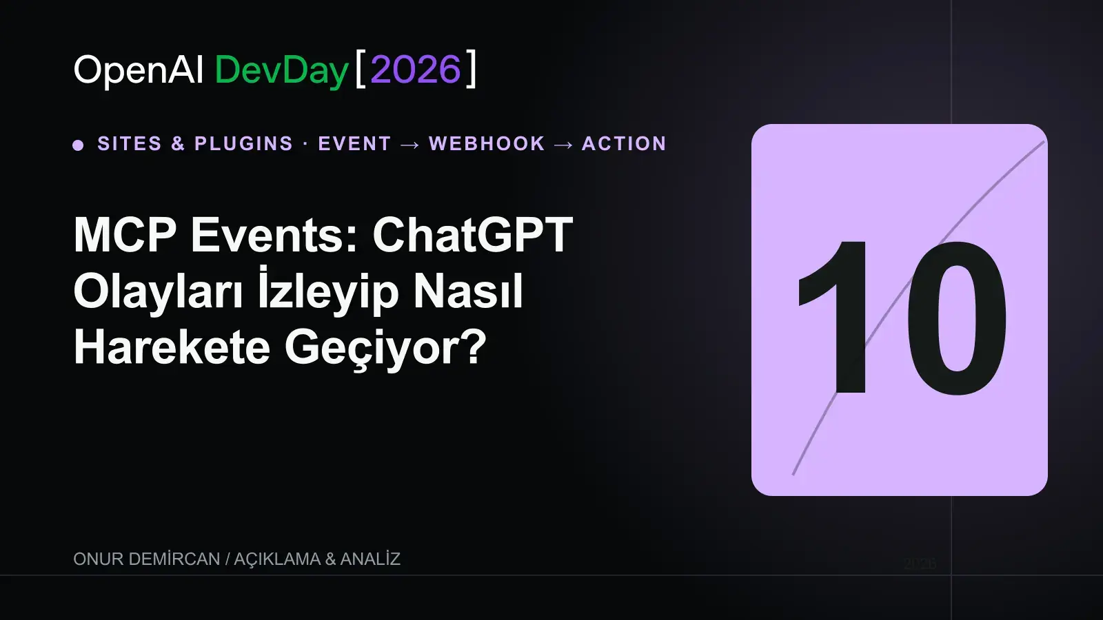 MCP Events: ChatGPT Olayları İzleyip Nasıl Harekete Geçiyor? için OpenAI DevDay 2026 resmî kelime işaretiyle hazırlanmış editoryal kapak