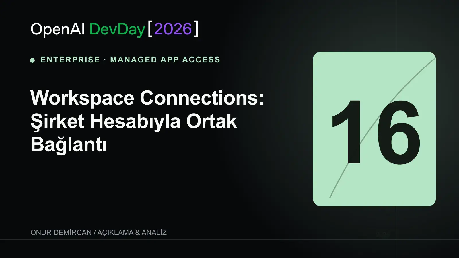 Workspace Connections: Şirket Hesabıyla Ortak Bağlantı için OpenAI DevDay 2026 resmî kelime işaretiyle hazırlanmış editoryal kapak