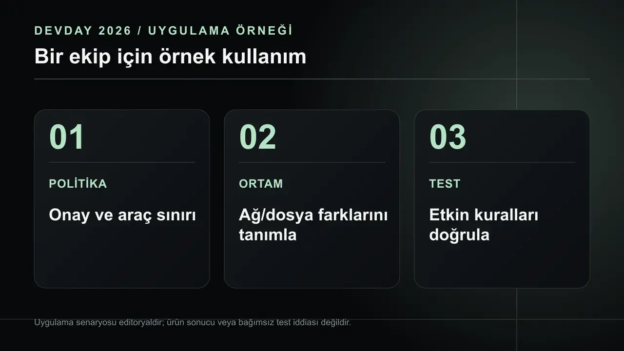 Agent Security: Yerel ve Bulut Ajanlarına Politika Kontrolü: POLİTİKA Onay ve araç sınırı; ORTAM Ağ/dosya farklarını tanımla; TEST Etkin kuralları doğrula