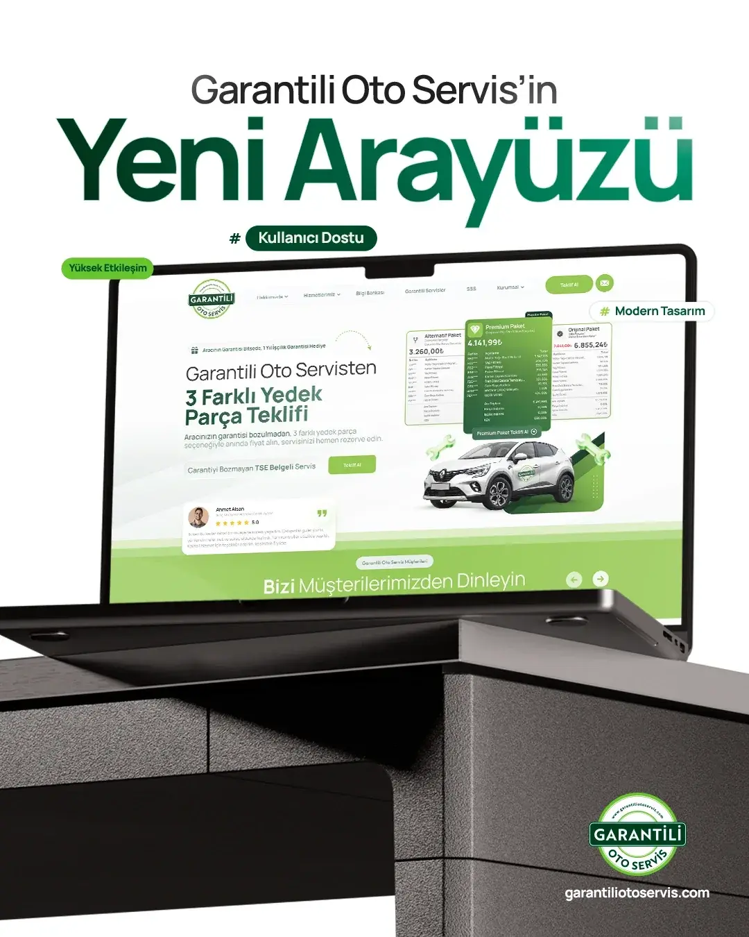 Garantili Oto Servis web arayüzünün gerçek tasarım sunumu