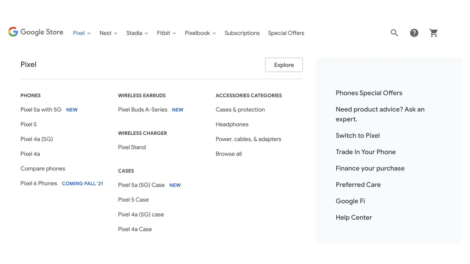 Google Store menüsünde ürün kategorilerinin ve alt başlıkların hiyerarşik düzeni