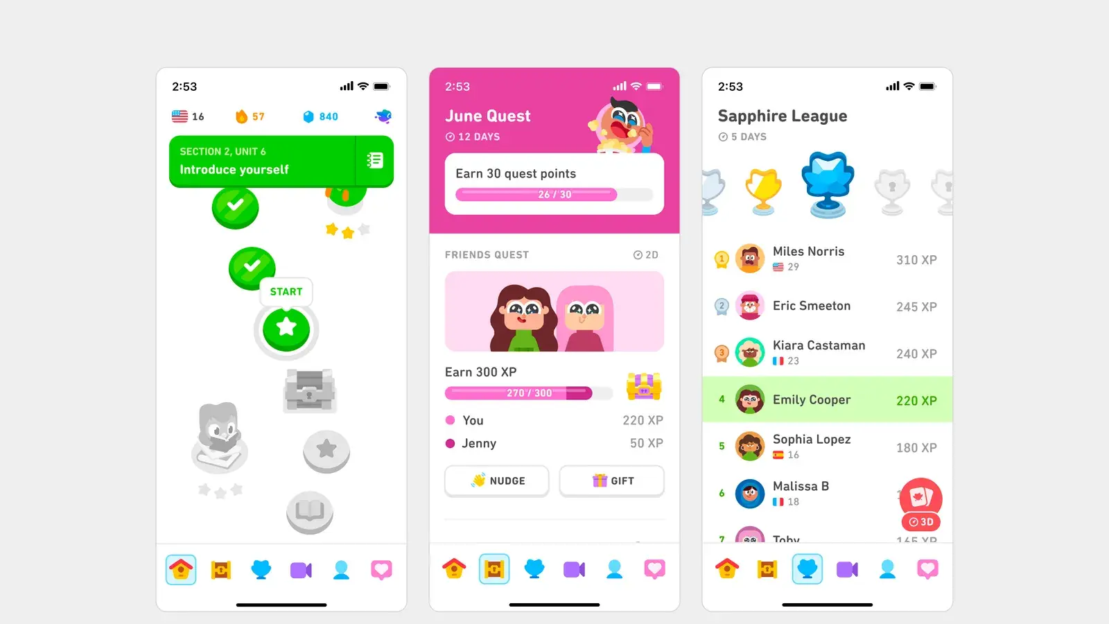 Duolingo uygulamasının öğrenme, görev ve lig ekranlarındaki mobil arayüz tasarımı