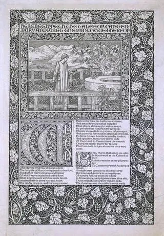 Kelmscott Chaucer için hazırlanmış orijinal sayfa ve illüstrasyon