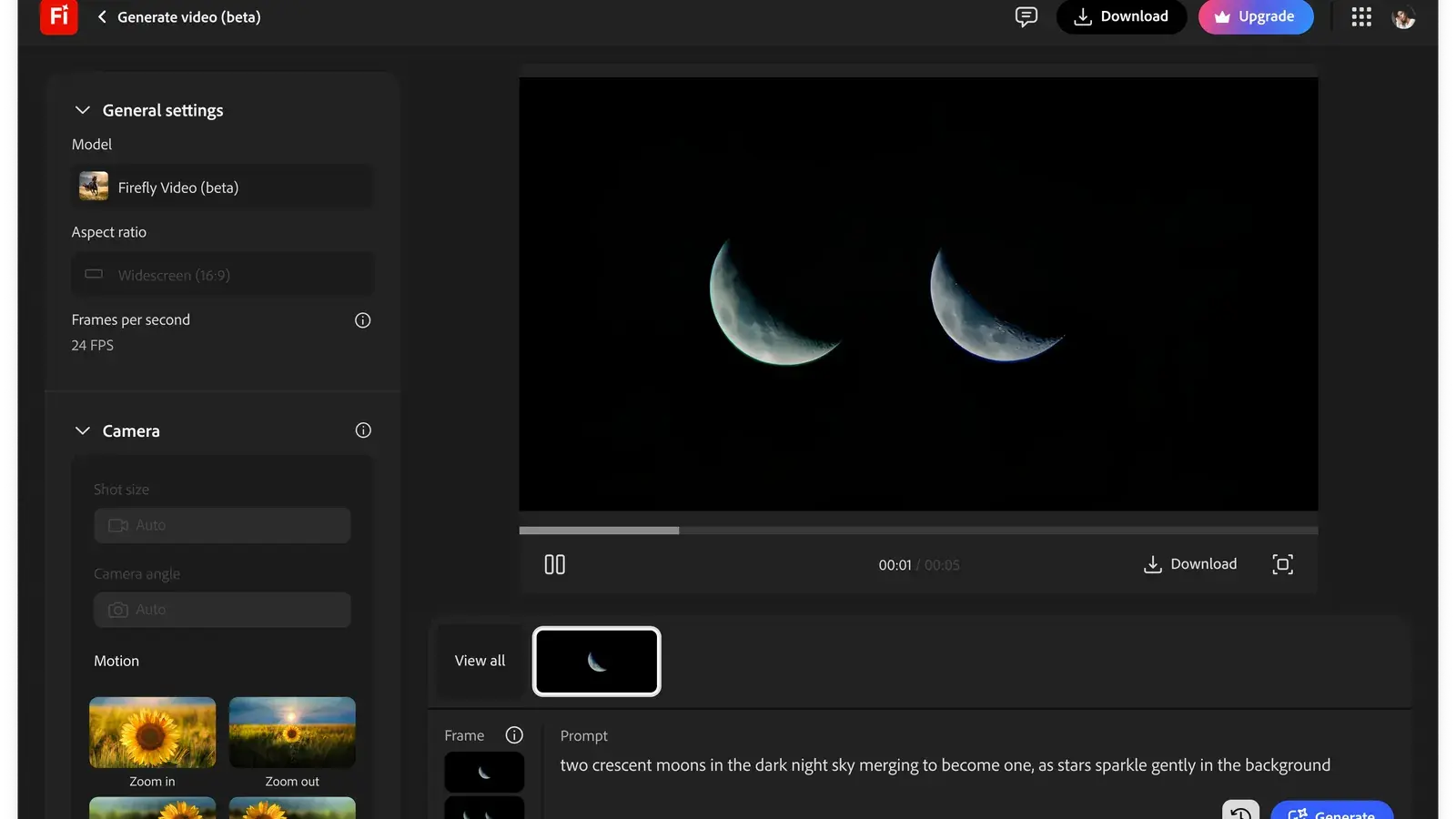 Adobe Firefly video üretim arayüzünde ay görüntüsü ve yaratıcı kontrol seçenekleri