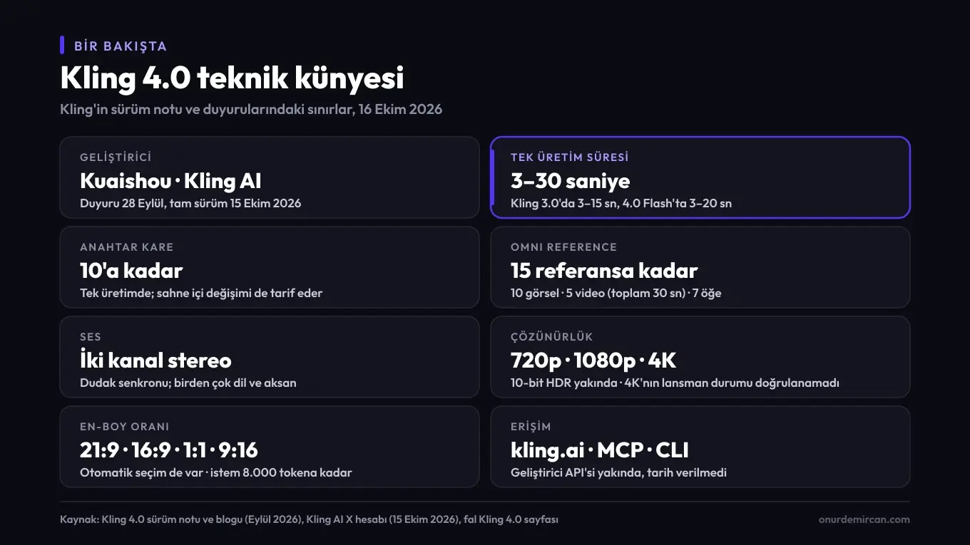 Kling 4.0 teknik künyesi: Kuaishou ve Kling AI, 3-30 saniye tek üretim, 10 anahtar kare, 15 referanslık Omni Reference, iki kanal stereo ses, 720p, 1080p ve 4K, 21:9, 16:9, 1:1 ve 9:16 en-boy oranı, kling.ai, MCP ve CLI erişimi