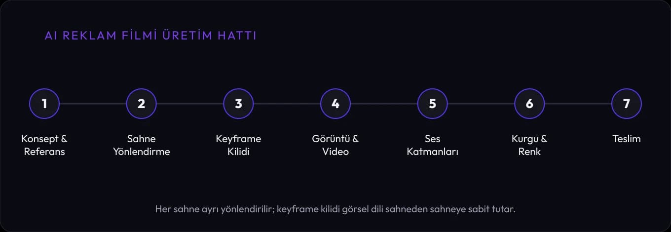 AI reklam filmi üretim hattı: Konsept ve Referans, Sahne Yönlendirme, Keyframe Kilidi, Görüntü ve Video, Ses Katmanları, Kurgu ve Renk ile Teslim aşamalarını gösteren yedi adımlı akış diyagramı