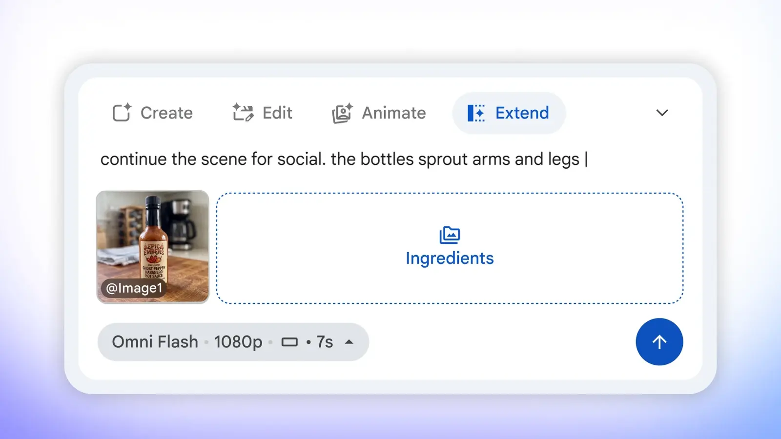 Google Vids’in resmi demosunda Extend sekmesi ve mevcut ürün sahnesini sürdürmek için yazılan yeni talimat