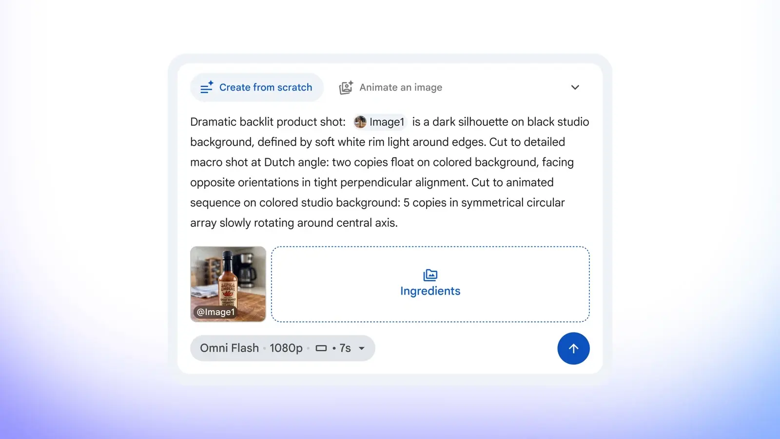 Google Vids’in resmi tanıtımında ürün referansı, 1080p çözünürlük ve yedi saniye süre ayarlarının göründüğü üretim paneli