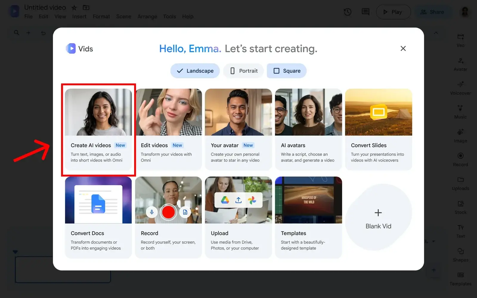 Google Vids’in resmi duyurusunda Create AI videos seçeneği işaretlenmiş başlangıç ekranı