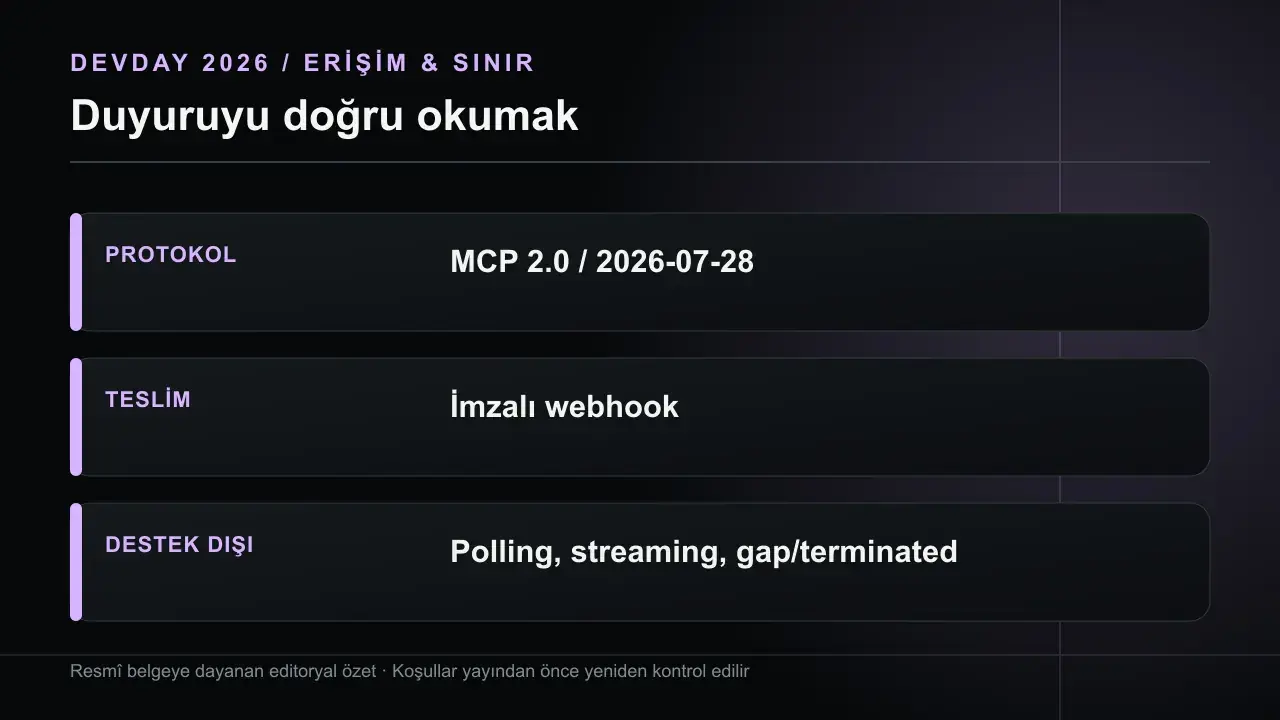 MCP Events: ChatGPT Olayları İzleyip Nasıl Harekete Geçiyor?: PROTOKOL MCP 2.0 / 2026-07-28; TESLİM İmzalı webhook; DESTEK DIŞI Polling, streaming, gap/terminated