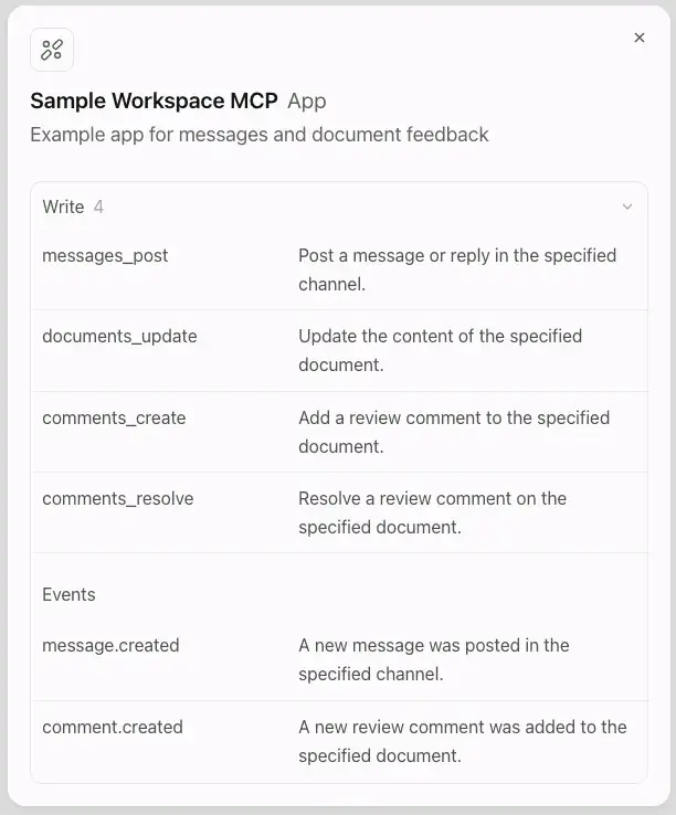 OpenAI MCP Events resmî ekranında araçların ve olayların ayrı listelenmesi