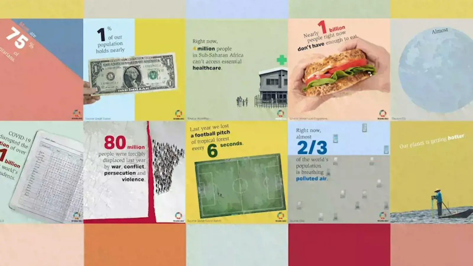 Global Goals Factivism sosyal medya kampanyasındaki renkli veri ve fotoğraf tasarımları