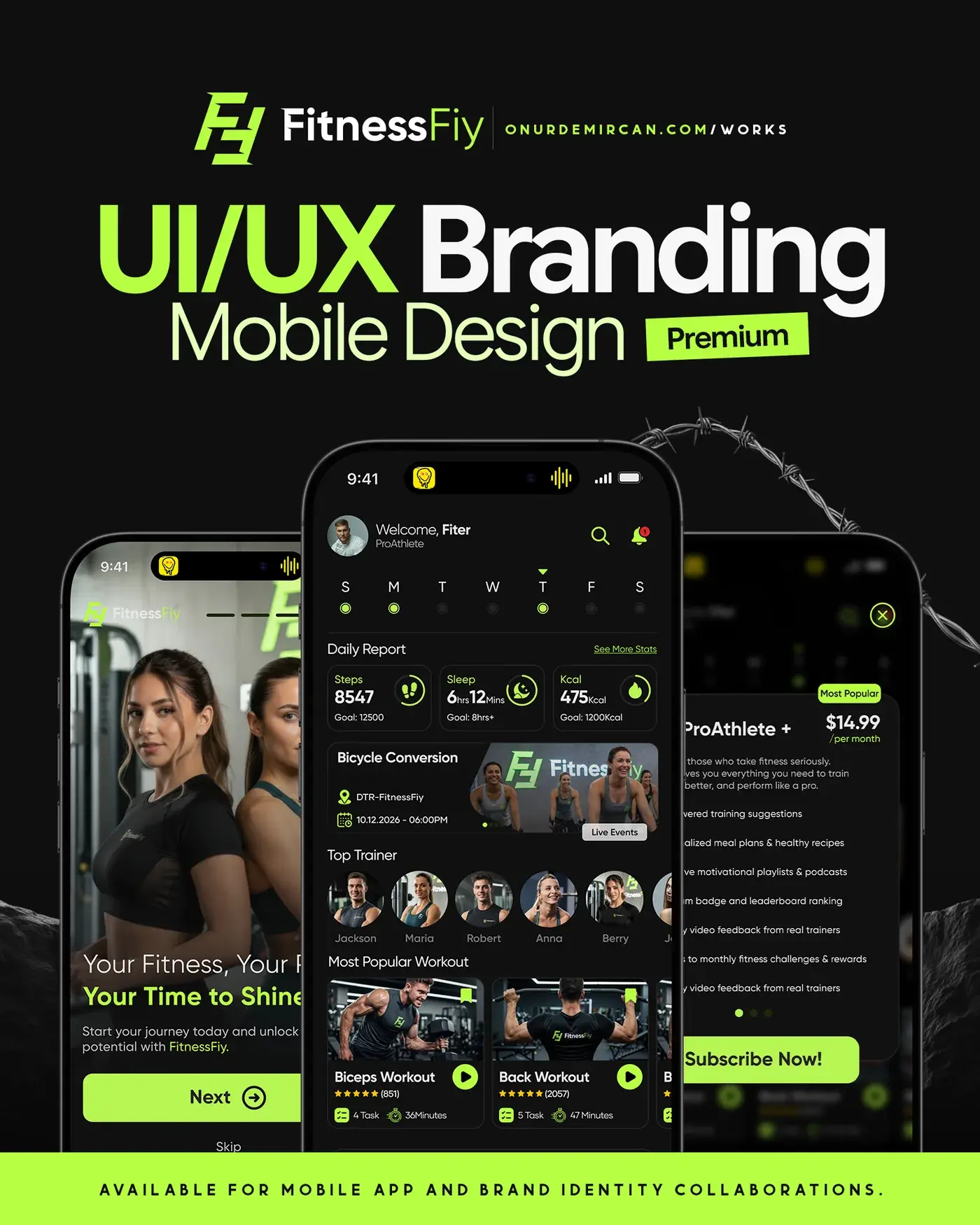 FitnessFiy mobil UI/UX çalışmasının gerçek uygulama ekranları