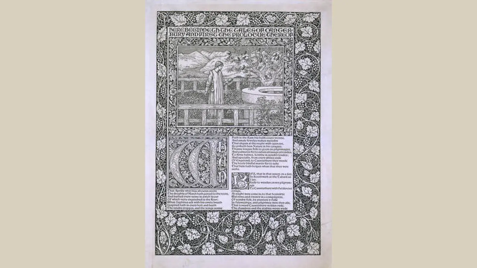 Kelmscott Chaucer için hazırlanmış orijinal sayfa ve illüstrasyon