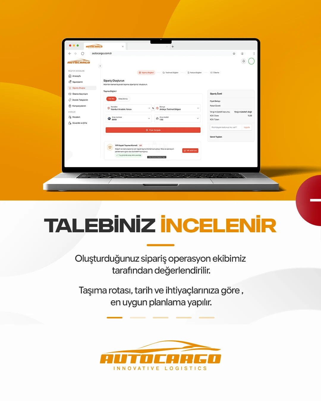AutoCargo araç taşıma talebinin incelenmesini anlatan carousel kartı