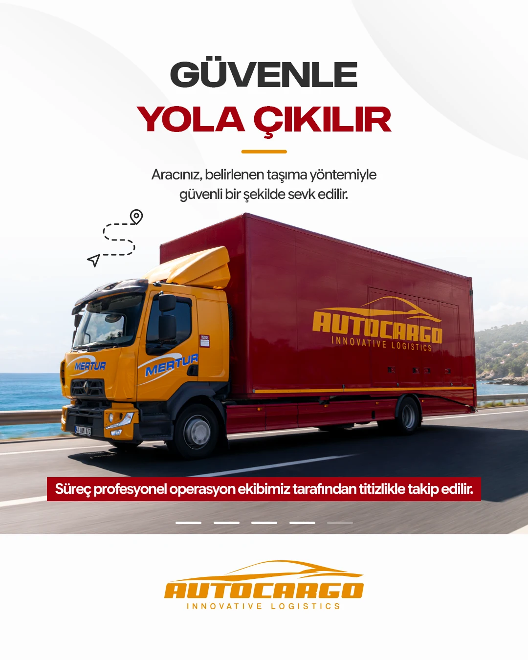 AutoCargo araç taşıma sürecinde güvenle yola çıkma aşamasını anlatan carousel kartı