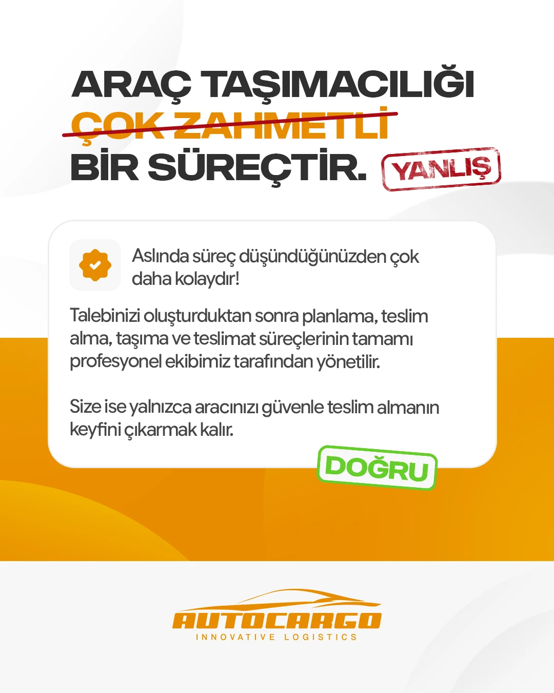 AutoCargo araç taşıma sürecinin zahmetli olduğu düşüncesini açıklayan carousel kartı