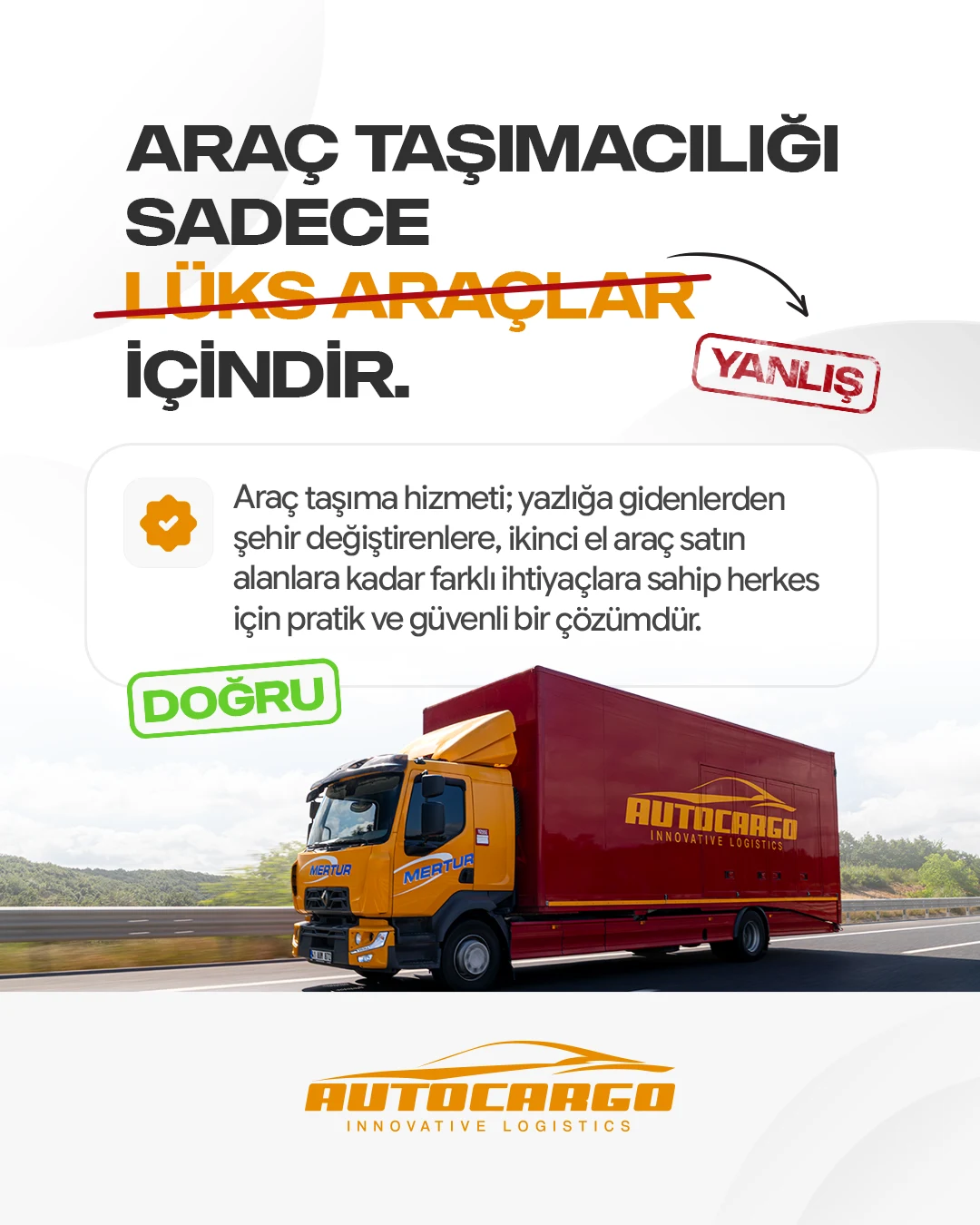 AutoCargo araç taşımacılığının yalnızca lüks araçlar için olduğu düşüncesini açıklayan carousel kartı