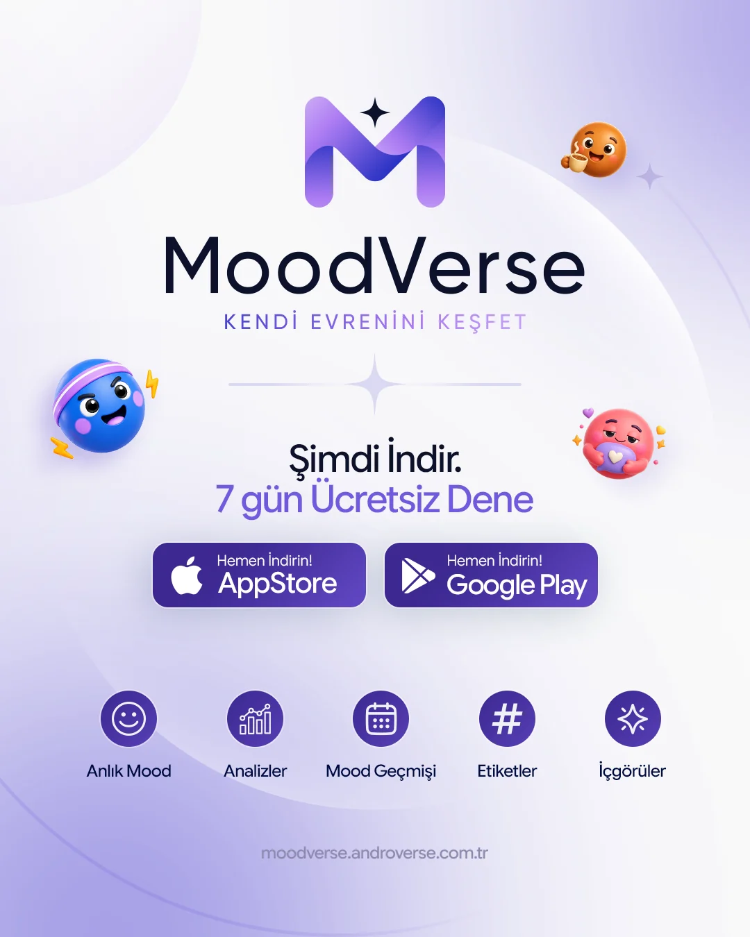 MoodVerse uygulamasını indirme ve yedi günlük deneme çağrısını taşıyan sosyal medya postu