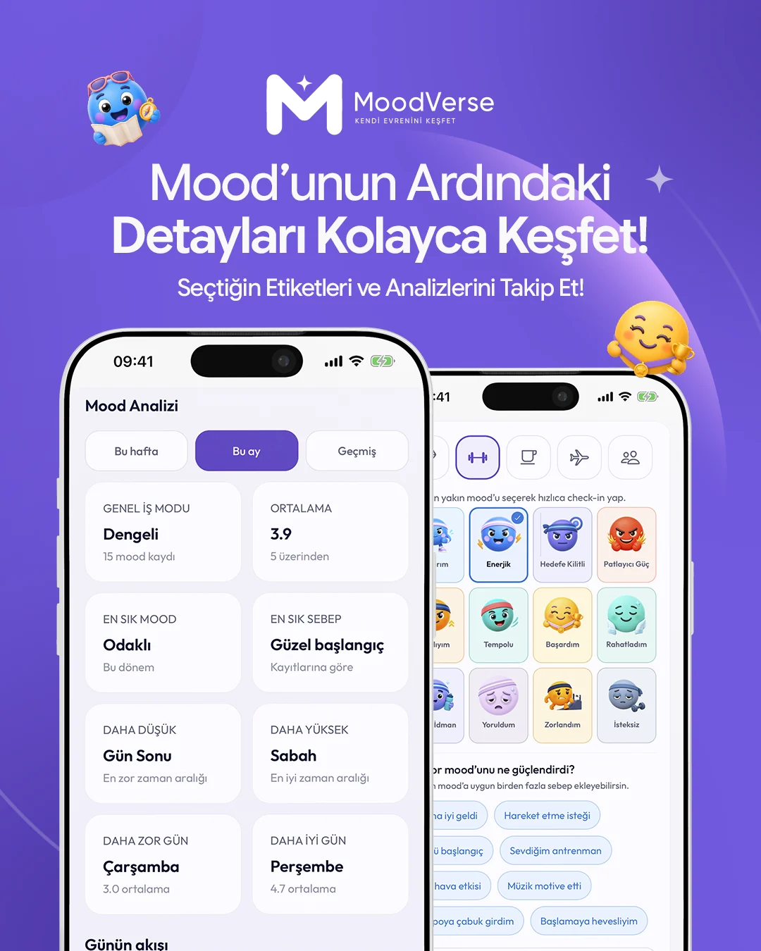 MoodVerse duygu analizi ve kişisel içgörü ekranlarını tanıtan mor sosyal medya postu
