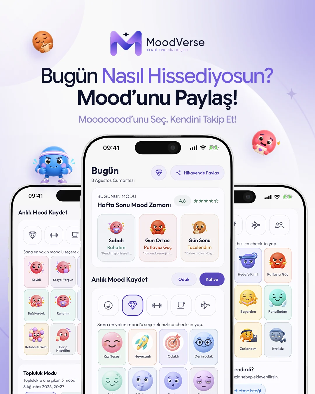 MoodVerse duygu paylaşımı akışını ve uygulama ekranlarını gösteren sosyal medya tasarımı