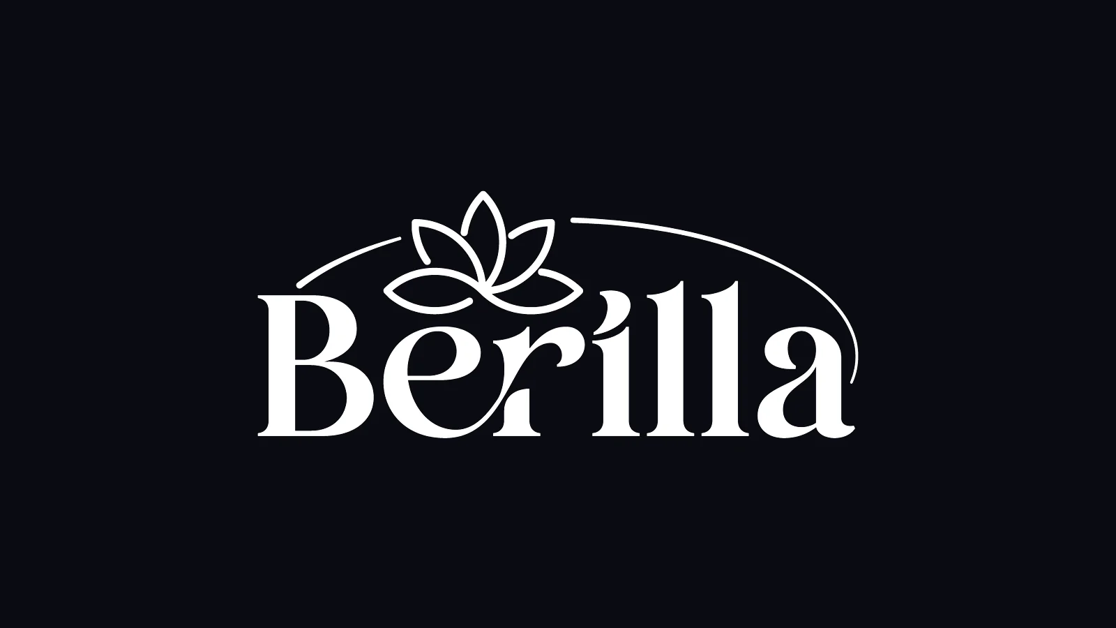 Berilla logo tasarımı: koyu zeminde beyaz serif Berilla yazısı, çizgisel lotus çiçeği ve ince yay