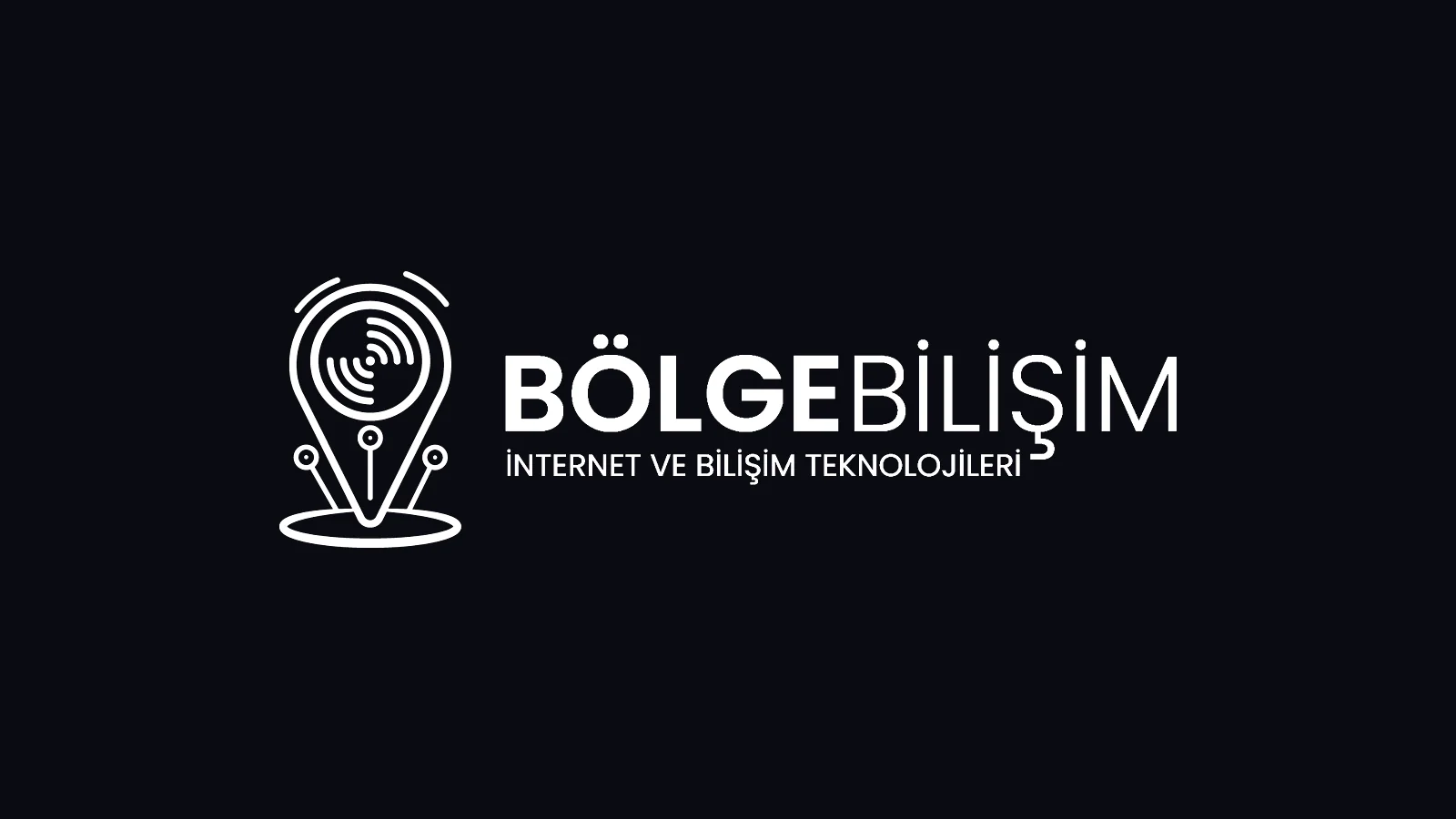 Bölge Bilişim logo tasarımı: koyu zeminde beyaz, sinyal halkalı konum iğnesi amblemi ve BÖLGE BİLİŞİM yazısı