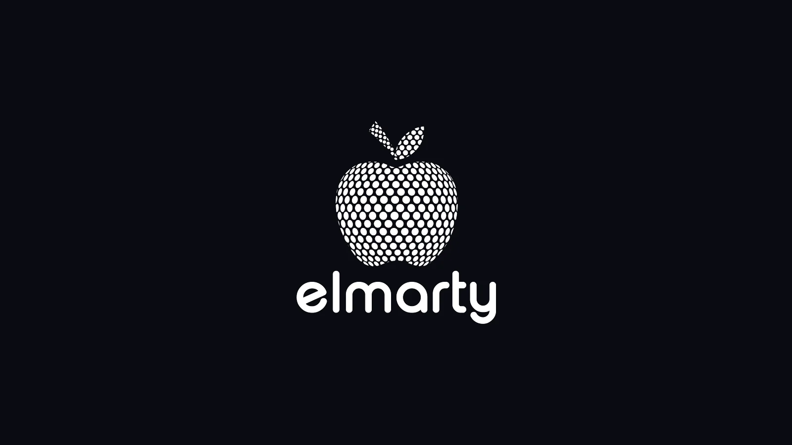 Elmarty logo tasarımı: koyu zeminde beyaz, noktalardan oluşan elma amblemi ve elmarty yazısı