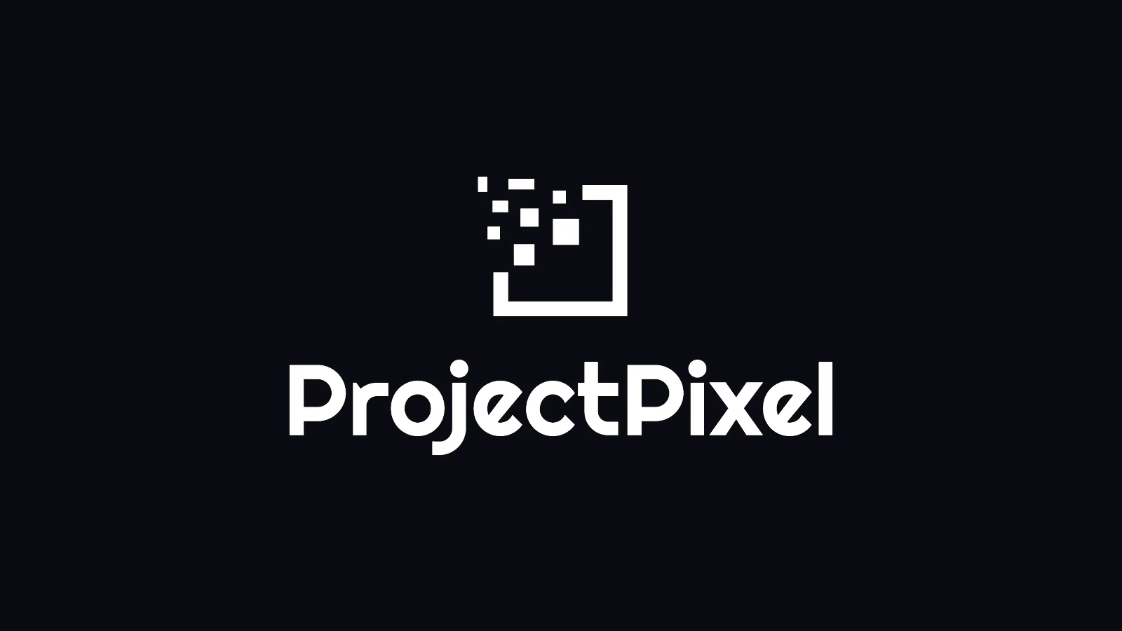 ProjectPixel logo tasarımı: koyu zeminde beyaz, piksel kareleri dağılan kare amblem ve ProjectPixel wordmark’ı