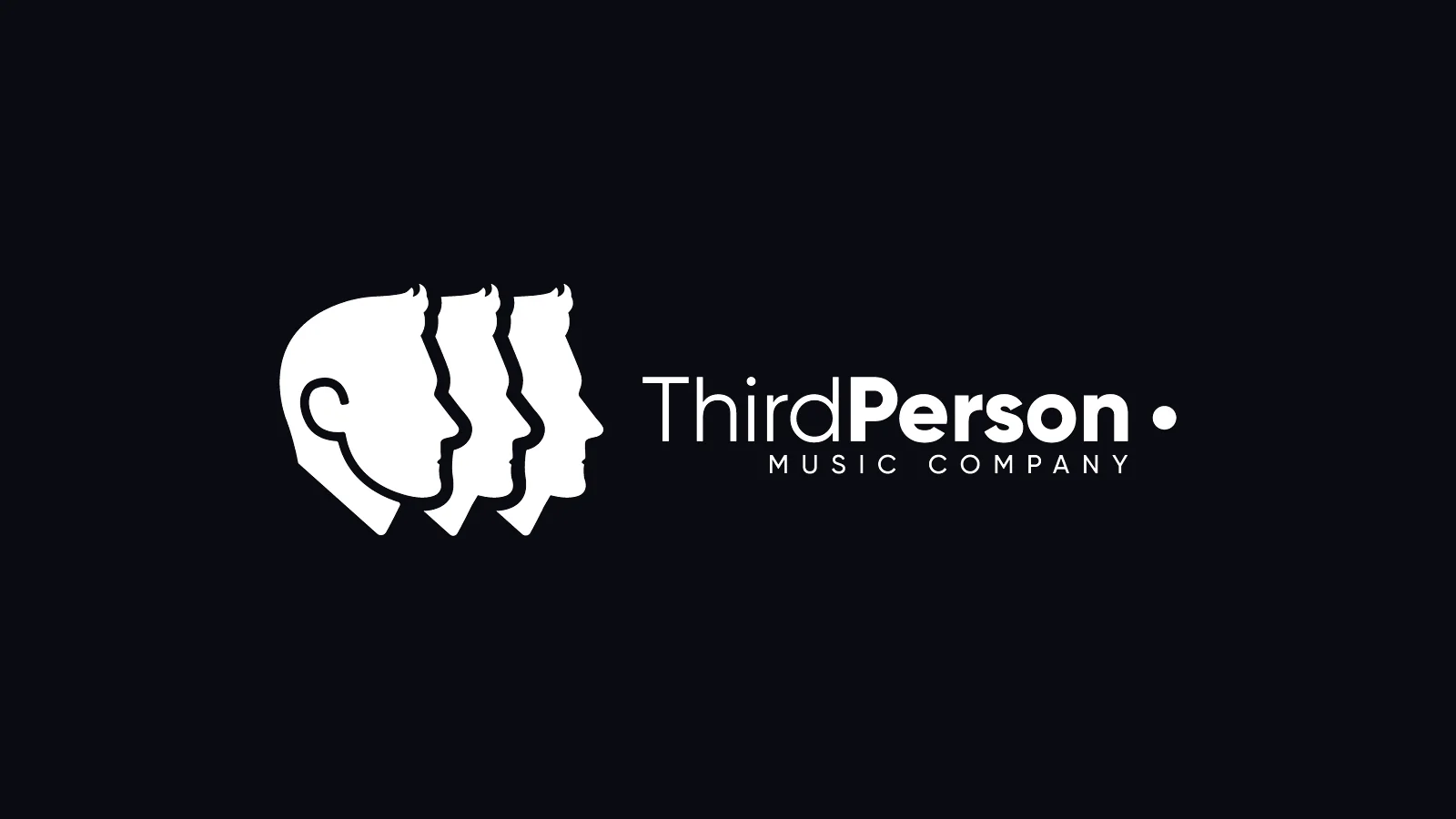 ThirdPerson Music Company logo tasarımı: koyu zeminde beyaz üç profil silüeti ve ThirdPerson yazısı